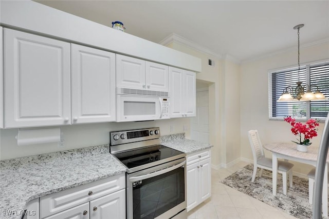 16635 Lake Circle Dr Unit 614, Fort Myers, FL 33908 - kitchen featuring white microwave, stainless steel range with electric stovetop, crown molding, a chandelier, and white cabinets