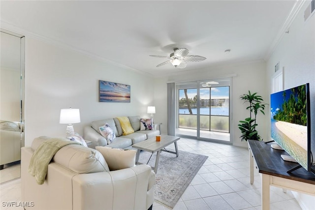 16635 Lake Circle Dr Unit 614, Fort Myers, FL 33908 - living room with a ceiling fan, crown molding, and light tile patterned floors