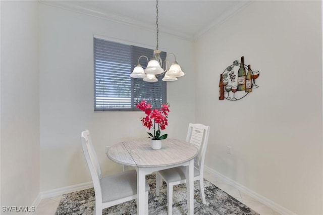 16635 Lake Circle Dr Unit 614, Fort Myers, FL 33908 - dining space featuring a chandelier, ornamental molding, light tile patterned flooring, and baseboards