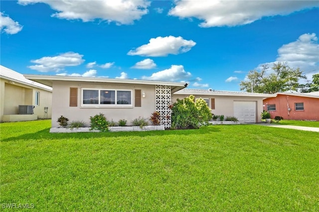 single story home with central AC unit and a front lawn