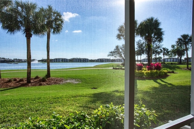 view of yard with a water view