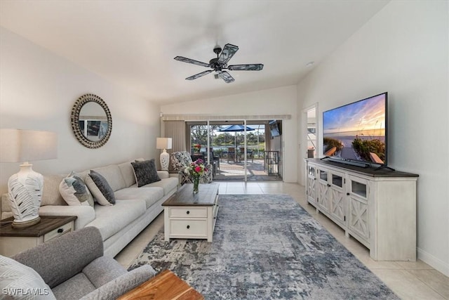 tiled living room with ceiling fan and lofted ceiling