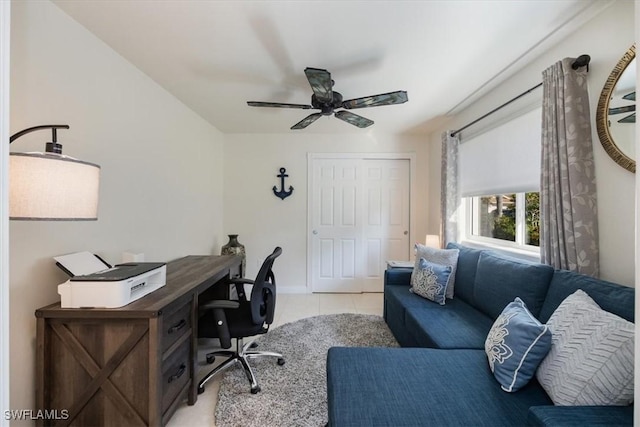 office area featuring ceiling fan and light tile patterned flooring