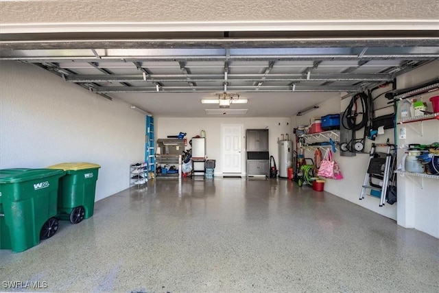 garage featuring gas water heater and a garage door opener