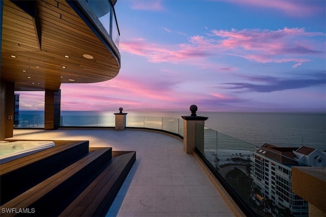 exterior space with a water view