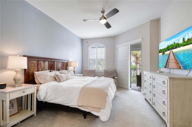 carpeted bedroom with access to exterior and ceiling fan