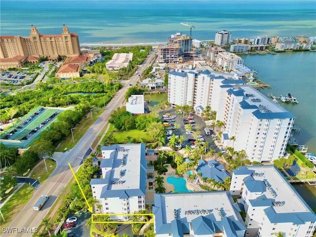 drone / aerial view with a water view