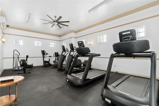 gym with crown molding, ceiling fan, and a wall mounted air conditioner