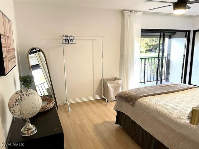 bedroom with access to outside, ceiling fan, and light hardwood / wood-style flooring