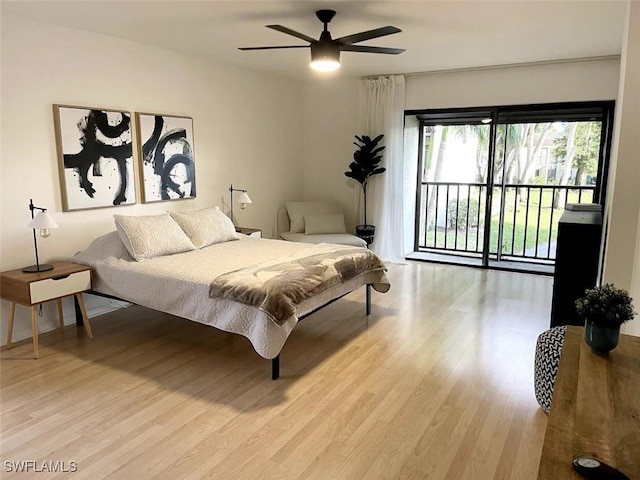 bedroom with ceiling fan, access to exterior, and light wood-type flooring