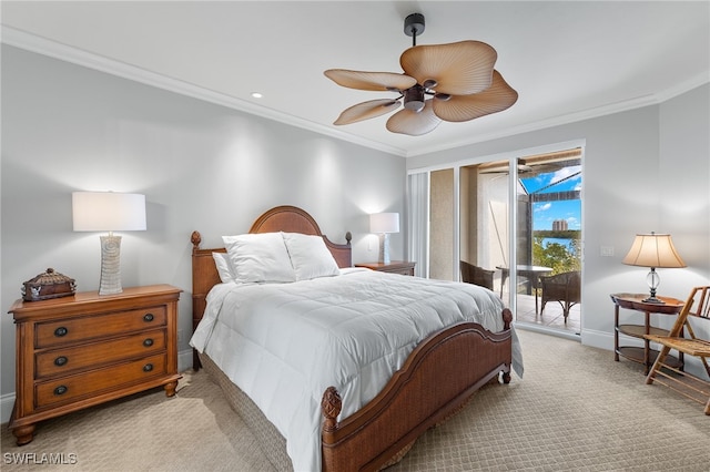 carpeted bedroom with ceiling fan, access to exterior, and crown molding