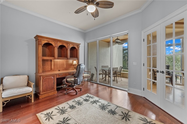 office with crown molding, french doors, ceiling fan, and hardwood / wood-style flooring