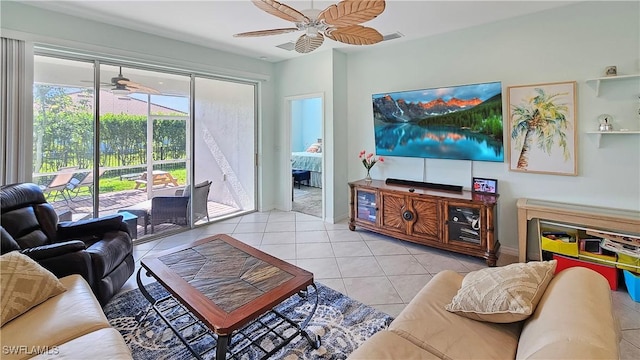 living room featuring light tile patterned flooring