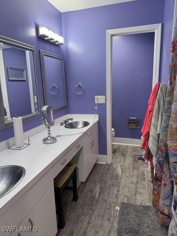 bathroom with vanity, toilet, and wood-type flooring