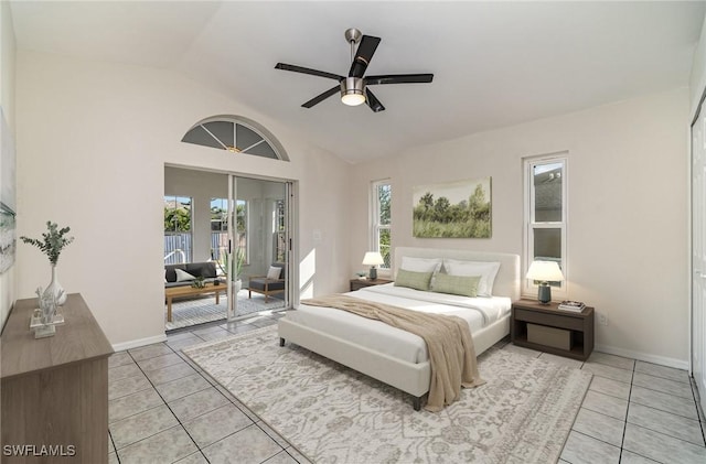 tiled bedroom with access to outside, vaulted ceiling, and ceiling fan