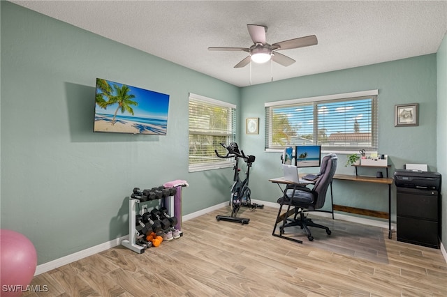 home office featuring ceiling fan, a textured ceiling, and light hardwood / wood-style flooring