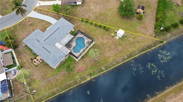 drone / aerial view featuring a water view