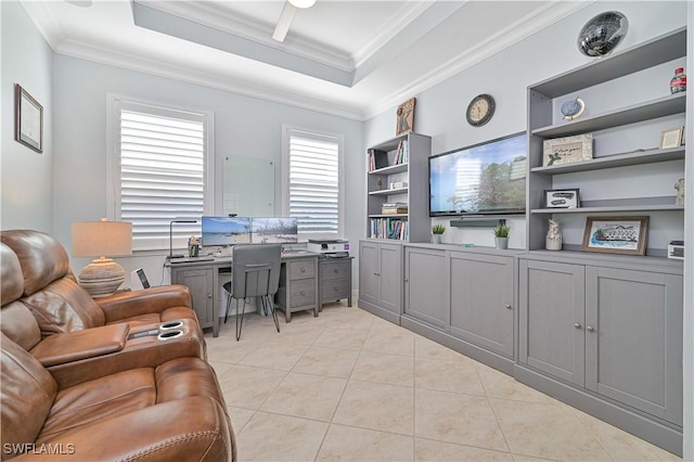 tiled home office with built in shelves and ornamental molding