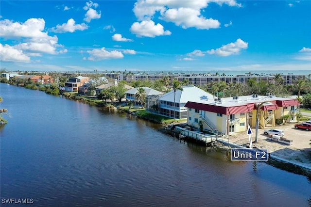 bird's eye view with a water view