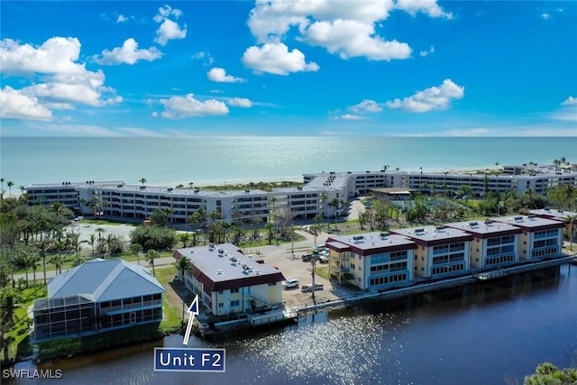 aerial view featuring a water view