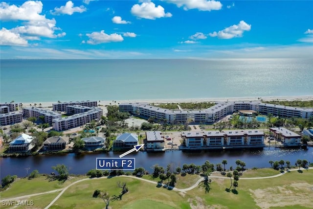 aerial view with a water view and a view of city