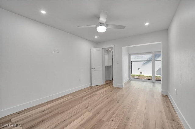 unfurnished bedroom featuring recessed lighting, baseboards, ceiling fan, and light wood finished floors