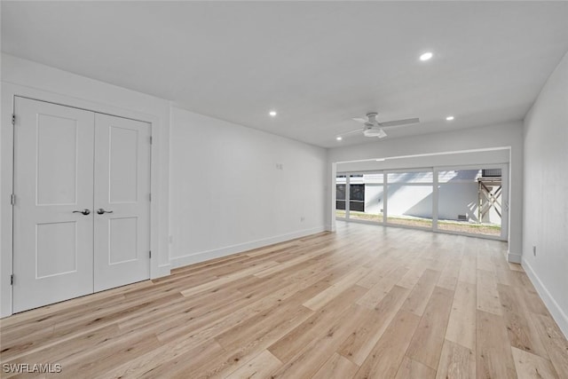 unfurnished living room featuring light wood-type flooring, ceiling fan, baseboards, and recessed lighting