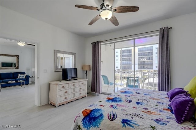 bedroom featuring access to exterior and ceiling fan