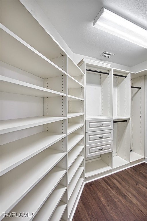 walk in closet with dark hardwood / wood-style floors