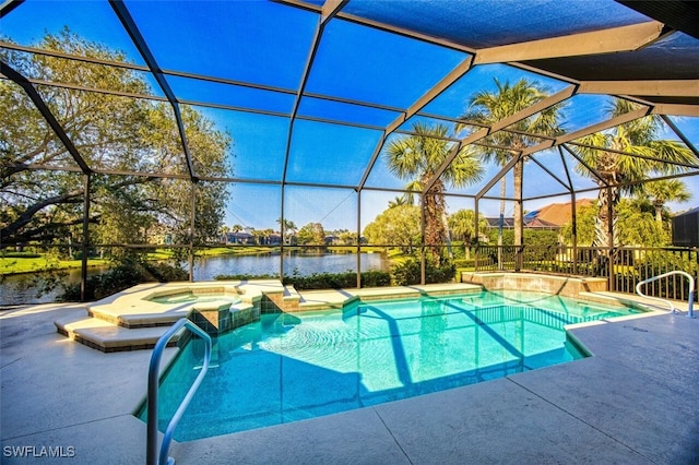 view of swimming pool with a lanai, a water view, and an in ground hot tub