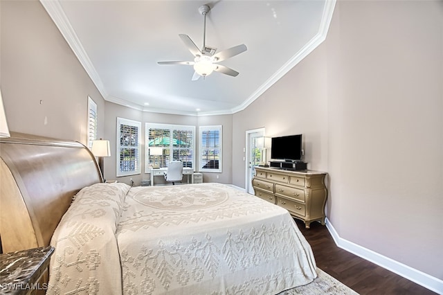 bedroom featuring ceiling fan, dark hardwood / wood-style flooring, and ornamental molding