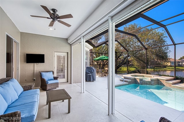 view of swimming pool featuring an in ground hot tub, a lanai, a water view, a patio, and a grill