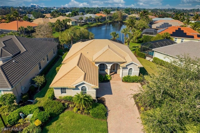 drone / aerial view featuring a water view