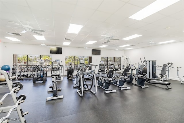 gym with a paneled ceiling, ceiling fan, and plenty of natural light