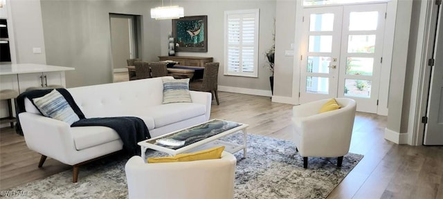 living room featuring french doors and light hardwood / wood-style flooring