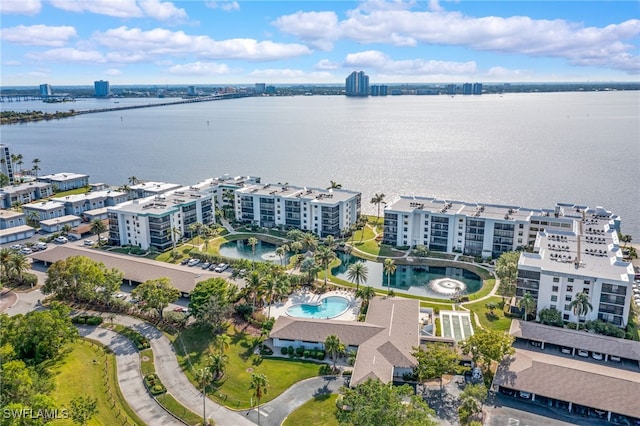 aerial view with a water view and a city view