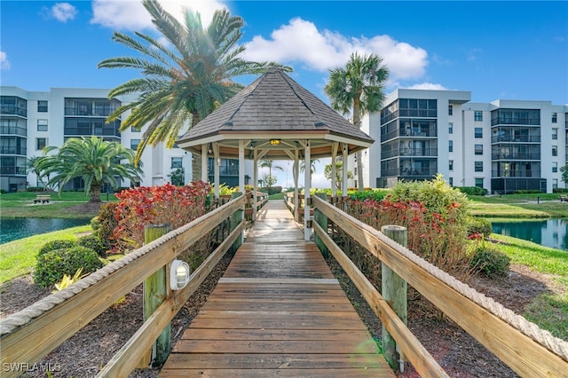 dock area featuring a water view and a gazebo