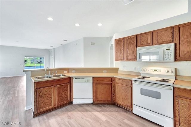 kitchen featuring kitchen peninsula, sink, white appliances, and light wood-type flooring