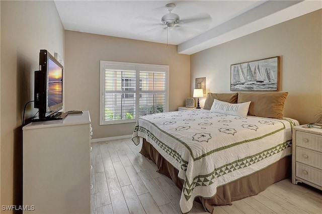 bedroom featuring ceiling fan and light wood-type flooring