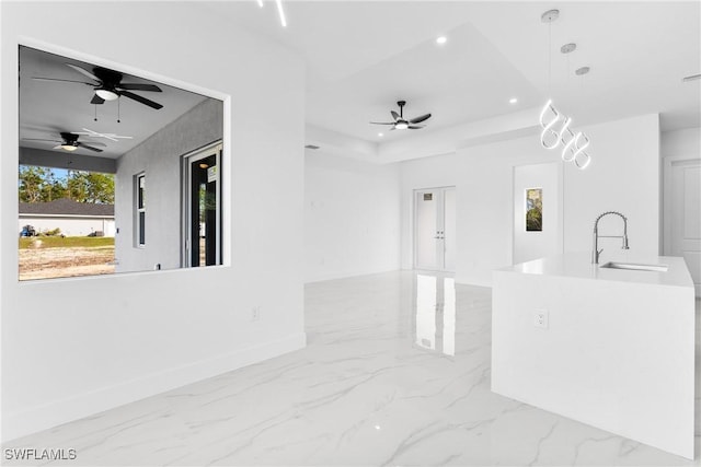 interior space with sink and a tray ceiling