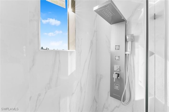 bathroom with a shower and a healthy amount of sunlight