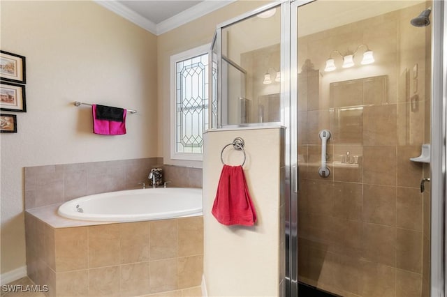 bathroom featuring crown molding and independent shower and bath