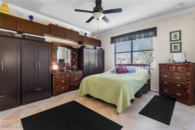 tiled bedroom featuring ceiling fan and crown molding