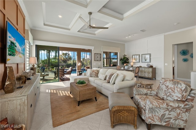 tiled living room with beam ceiling, crown molding, ceiling fan, and coffered ceiling