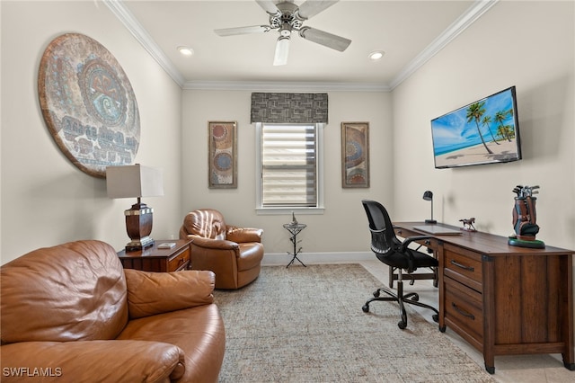 home office with ceiling fan and ornamental molding