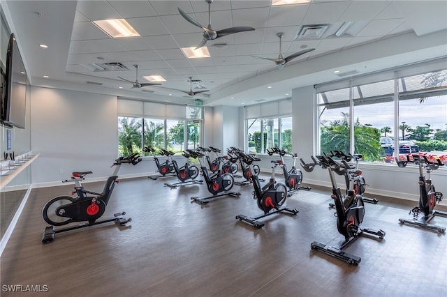 exercise room featuring a paneled ceiling, ceiling fan, and plenty of natural light