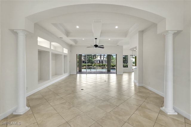 unfurnished living room with beamed ceiling, light tile patterned floors, ceiling fan, and coffered ceiling