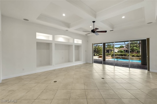 spare room featuring ceiling fan, light tile patterned floors, beamed ceiling, and coffered ceiling