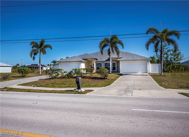 ranch-style home featuring a garage and a front lawn