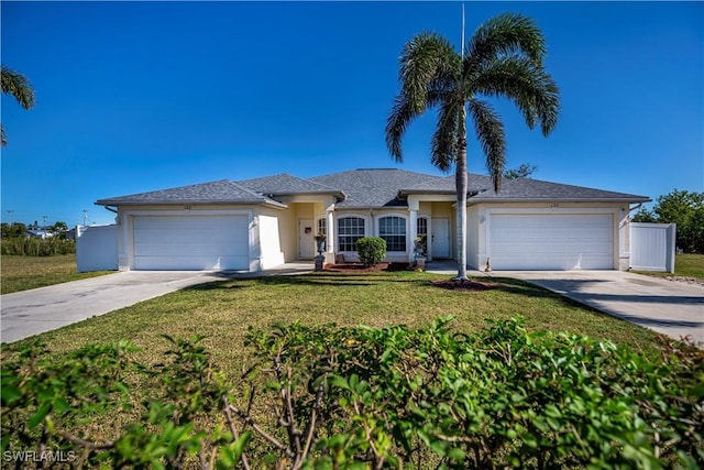 single story home featuring a front yard and a garage